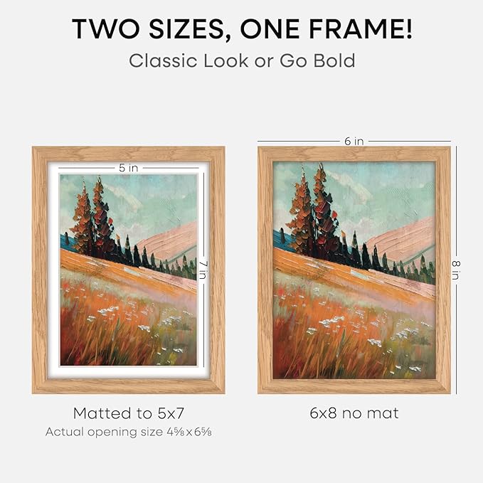 Homeforia 6x8 Picture Frame Natural Wood, High End Oak 6x8 Light Wooden Frames with Mat 5x7 for Photo, 6 x 8 Frame Matted to 5 x 7 Print, 8x6 Wall or Tabletop Frame, Tempered Glass, Wall Kit, Set of 4