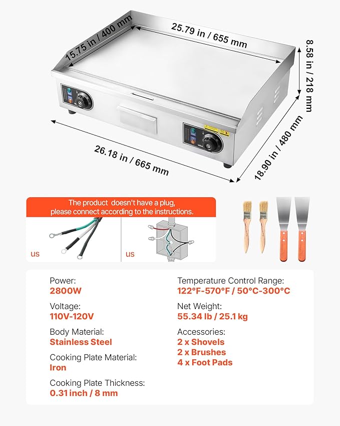 VEVOR Commercial Electric Griddle, 25.79 x 15.75 inch, 2800W, 122-570°F Adjustable Temp Control, Stainless Steel Body, Full Flat, with 2 Spatulas, 2 Brushes, and 4 Foot Pads, for Steak, Pancake