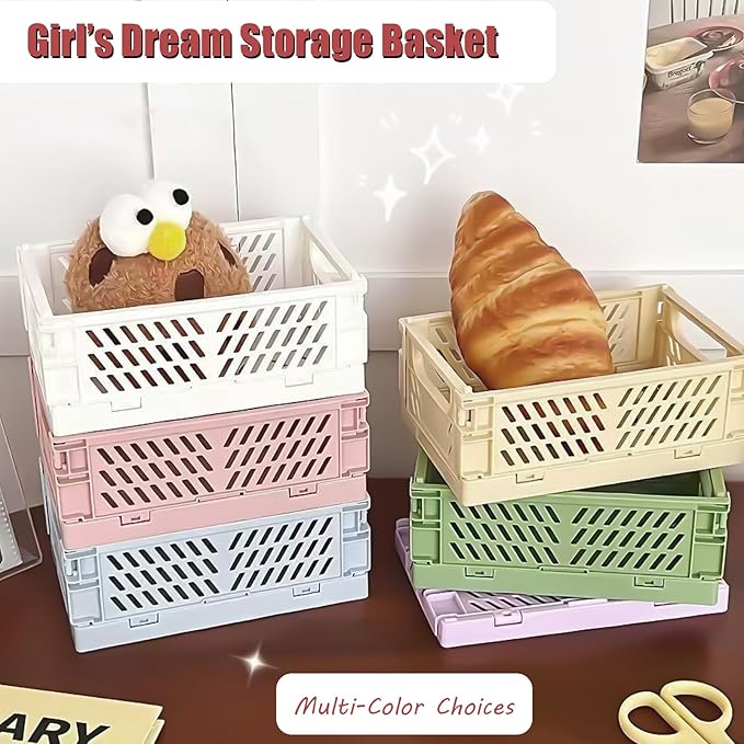Pastel Plastic Storage Baskets 2 Pack, Collapsible Crates for Organizing, Space-Saving Bins for Kitchen, Office, Bedroom (Orange, Small: 5.8"x 3.8" x 2.2")