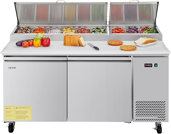 VEVOR 67"W Commercial Refrigerator, Pizza Prep Refrigerated Table, 19.3" Ultra Wide Countertop Food Prep Fridge, 20.3 Cu.Ft Single Door Salad Prep Fridge, 9 Pans Pizza Make Worktop with Cutting Board