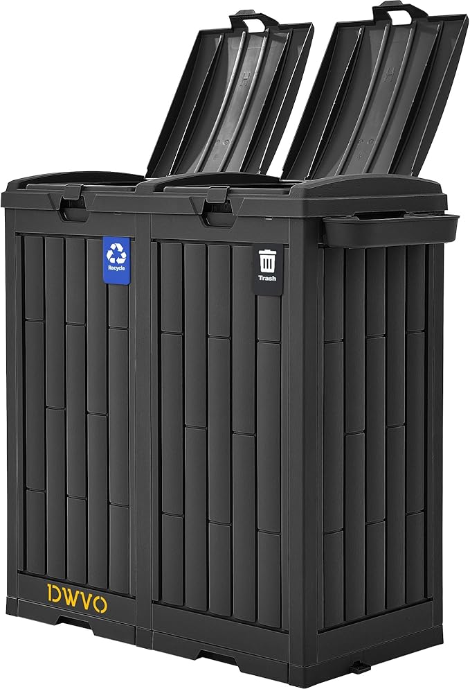 DWVO 76 Gallon Outdoor Trash Can, Dual-Compartment Resin Garbage Bin with Lid, Includes 2 Sorting Labels, Ash Holder, Stakes & Suction Cups, Hideaway Storage for Patio Backyard Garden, Black