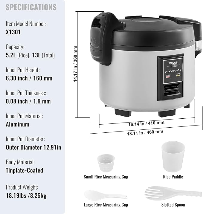 VEVOR Commercial Rice Cooker, 60-Cup Rice Cooker, 13.74 Qt / 13 Liter Large Rice Cooker and Warmer with Nonstick Inner Pot, Fast Cooking and 12-Hour Keep Warm, with Rice Cup and Paddle, for Restaurant
