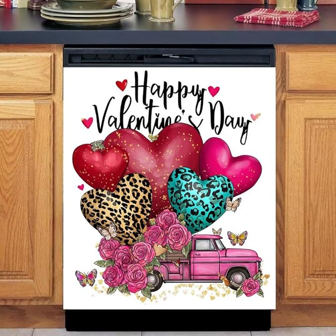 Happy Valentine's Day Magnetic Dishwasher Cover Vinyl Sticker,Pink Truck with Hearts and Roses Dishwasher Magnet Cover, Fridge Door Cover Magnets Art Skin Panel Decal for Home Decor, 23"X26"