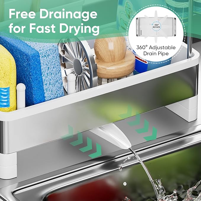 VUSIGN Sponge Holder for Kitchen Sink, Sink Caddy Organizer with Brush Holder, Rustproof Stainless, Self-Draining Sink Organizer for Countertop, Sponges, Brushes, Kitchen Decor and Accessories, White