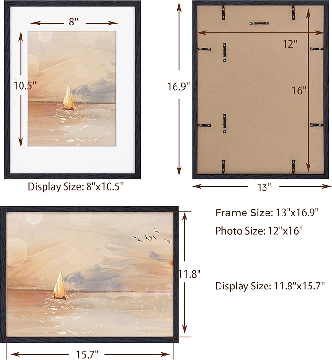 Fun Memories Black 12x16 Picture Frames, Solid Oak Wood Frame 12 by 16 Set of 3, Black Wood Frame with Mat & Tempered Glass, Matted to 8.5x11, Oak Wood Minimalist 12x16 Poster Frames