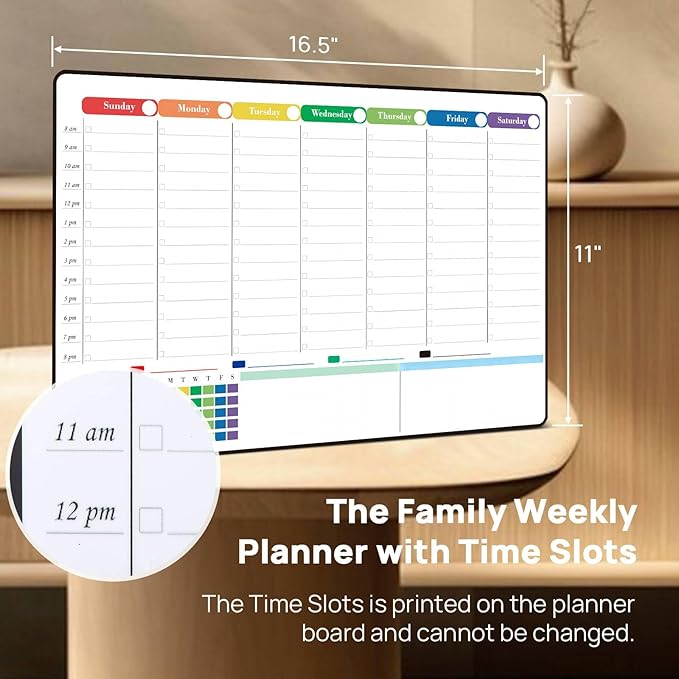 POPRUN Dry Erase Board Weekly Calendar Whiteboard for Wall & Fridge(Any Smooth Surface),Self-Adhesive Schedule Board with Hourly Time Slots,Perfect as Weekly Planner Board for School/Family, 16.5"x11"