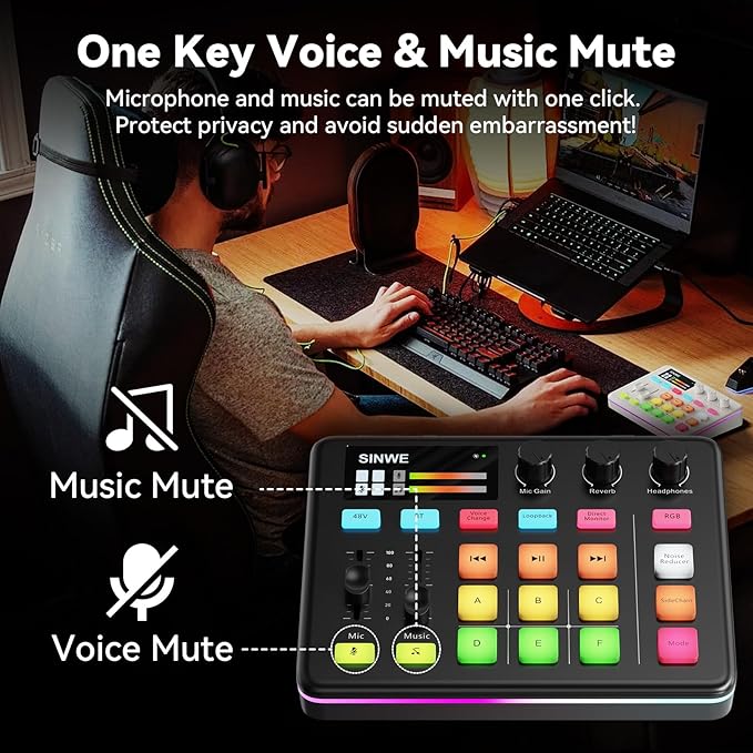 SINWE G1 Gaming Audio Mixer, RGB Audio Interface with Pro-preamp,Bluetooth, Streaming PC Mixer with XLR/48V Phantom Power for Live Streaming, Podcasting, Content Create, Gaming(Black)
