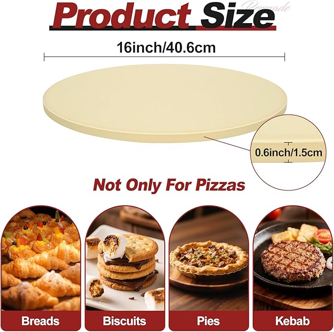 Round Pizza Stone for Grill and Oven- 16 inch Baking Stone Heavy-Duty Cordierite Pizza Stone for Bread, Cookies, Heat Proof BBQ Grilling Cooking Stone for Making Crisp Crust Pizza (Beige)