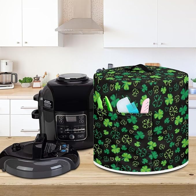 Xoenoiee Shamrock Black Print Kitchen Appliance Dust Cover with Pockets, Electric Pressure Cooker Cover Compatible with Crock Pot, Rice Cooker Covers for St.Patrick's Day Decor, for 6 Qt