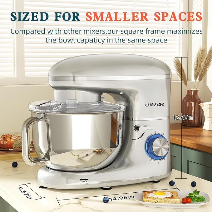 CHeflee Stand Mixer,660W 6+P With 6.5QT Stainless Steel Bowl,Dough Hook, Wire Whip & Beater,for Most Home Cooks-Silver