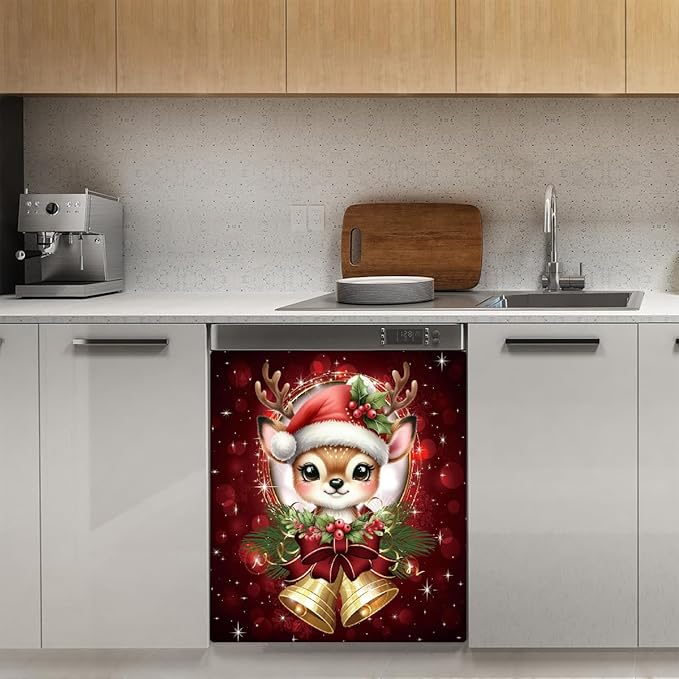 Christmas Xmas Bells Deer Dishwasher Magnet Cover Christmas Magnetic Dishwasher Decorative Cover Front Dishwasher Door Covers Dishwasher Covers Decor for Kitchen Home Appliances Gift 23" X 26"