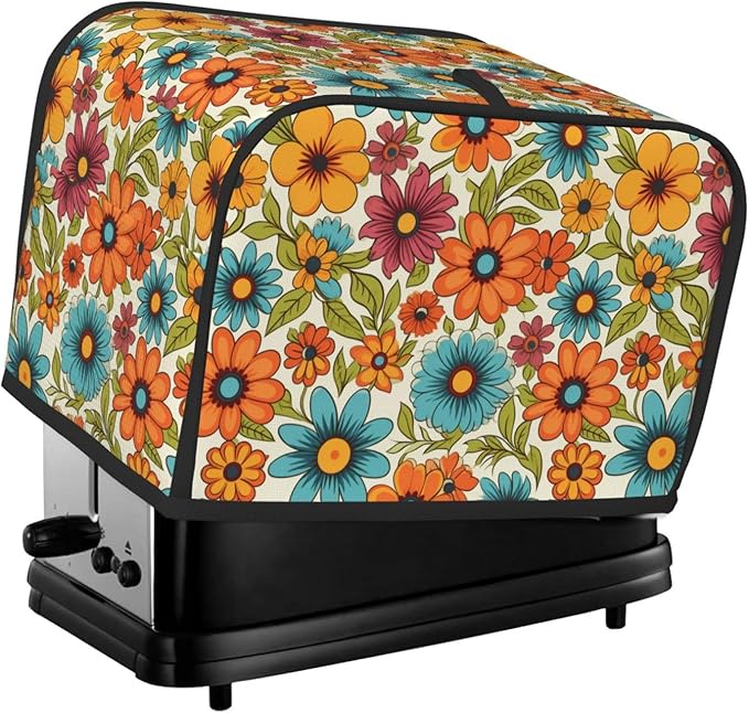 2 Slice Toaster Cover for Kitchen Hippie Flower Retro Waterproof and Dustproof Toaster Dust Cover with Side Pockets Decorative Universal Cover for Wide Slot Toasters and Small Appliances