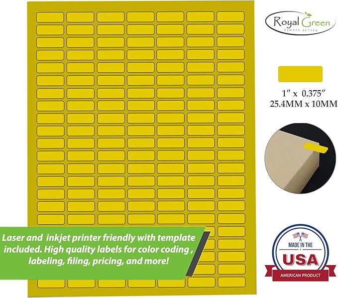 Small Labels Printable Sticker Paper Sheets for Injket Printers in Yellow, Small Printing Labels 1 inch x 0.375 inch for Laser Printers with Template Included, 7 Full Sheets - 1078 Pack