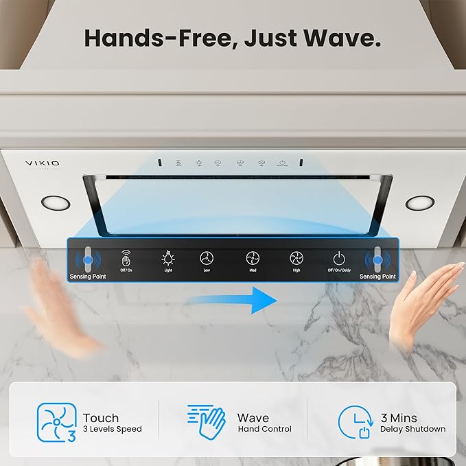 Range Hood Insert 30 Inch - Built-in 900 CFM Ducted/Ductless Range Hood with 3 Speed Fan, White Stainless Steel & Tempered Glass with Gesture Sensing &Touch Control for Over Kitchen Stove