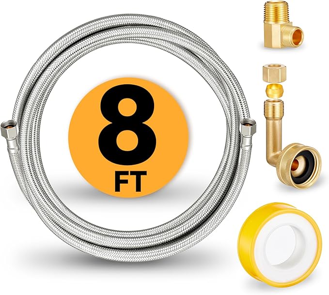 Dishwasher Installation Kit, 8 FT Stainless Steel Braided Dishwasher Water Supply Line with Food-Grade PEX, 3/8" x 3/8" MIP & 3/8" x 3/4" FHT Elbow Connectors