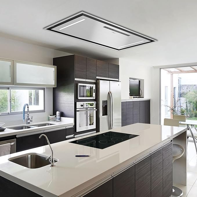 Awoco 36”W Flush Ceiling Mount Split Insert Range Hood, Stainless Steel 4 Speeds 800 CFM, 6” Round Vent LED Lights Remote Control (36"W 19"D 6" Vent)