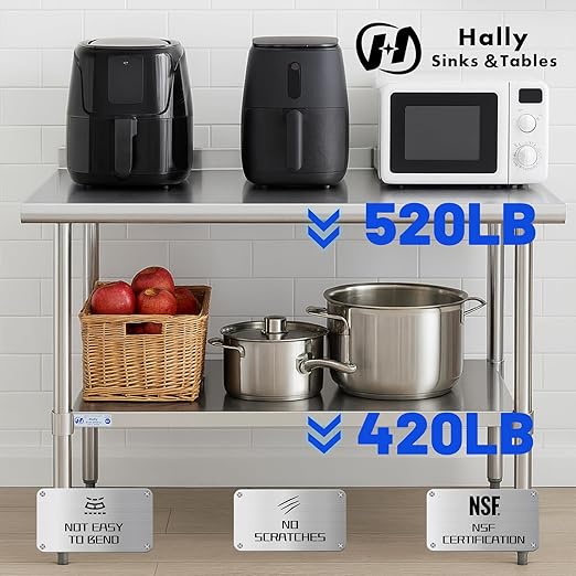 Hally Sinks & Tables HStainless Steel Table for Prep & Work 24 x 72 Inches, NSF Commercial Heavy Duty Table with Undershelf and Backsplash for Restaurant, Home and Hotel