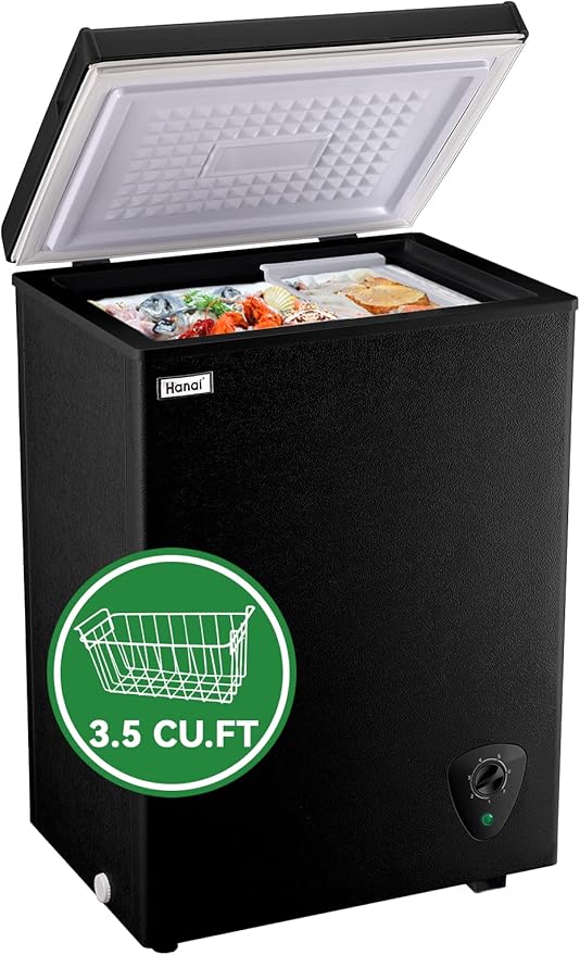 Chest Freezer Small Deep Freezer Black 3.5 Cu.Ft Free-Standing Top Door Freezer Adjustable 7 Thermostat and Removable Basket Open Garage Basement Apartment Kitchen Business