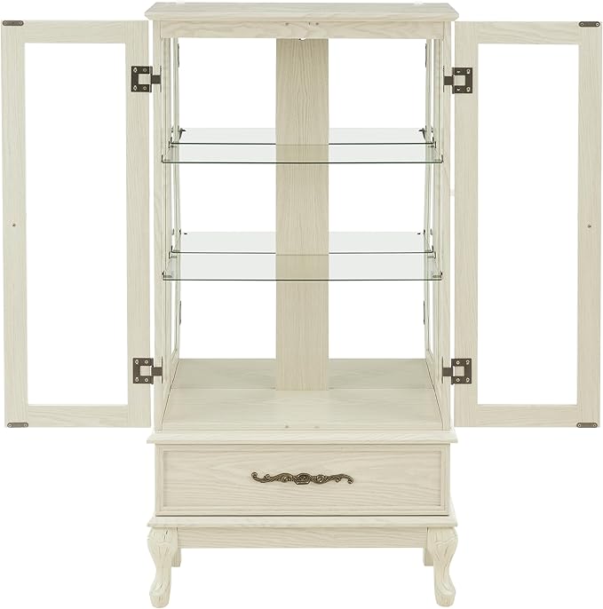 51" H Lighted Curio Cabinet Display Case, Glass Curio Cabinet with Adjustable Shelves,Tempered Glass Door and Drawer, Wooden Cabinets w/Mirrored Back Pane for Living Room (Antique White)