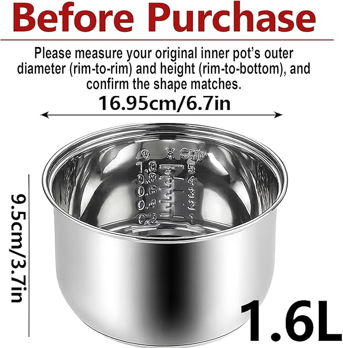 Rice Cooker Replacement Pot, Stainless Steel Non-Stick Inner Pot with Durable Upgrade & Even Heating for Perfect Rice (Please Confirm Size and Shape Before Purchase)