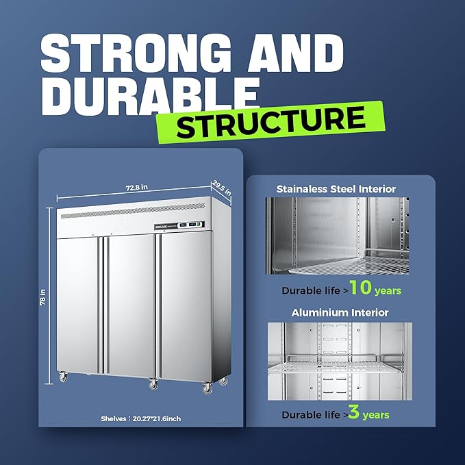 Coolake 72" W 3 Door Commercial Refrigerator and Freezer Combo, 54 Cu.ft 3 Section Stainless Steel Solid Door Fan Cooling Upright Reach in Freezer for Restaurant, Bar, Shop, Garag