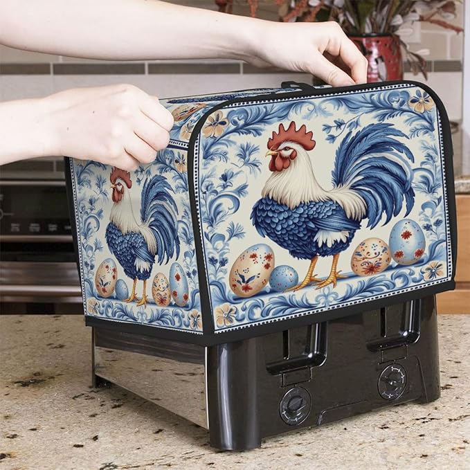 Toaster Cover 2 Slice, Easter Blue Cock Pattern Egg Anti Dust Protector for Bread Maker, Waterproof Kitchen Appliances Accessories