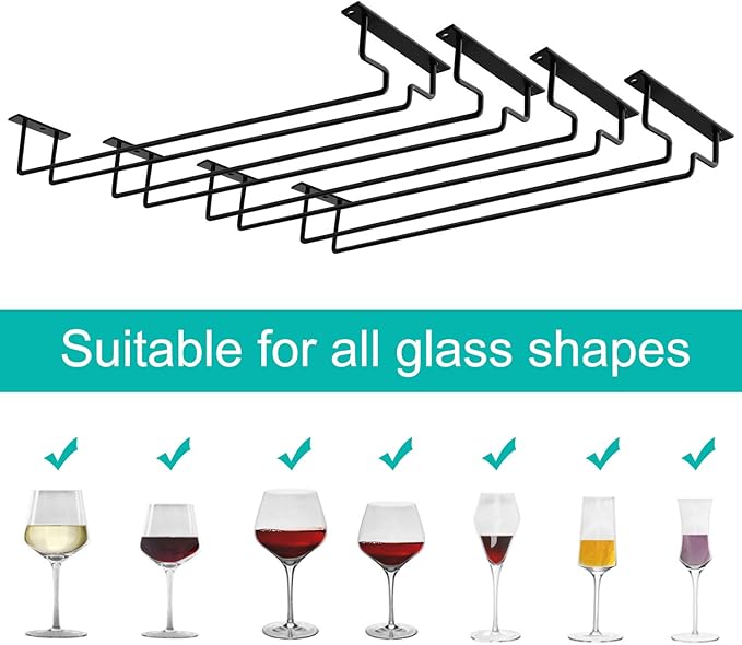 MOCOUM 15.6" Wine Glass Rack Under Cabinet - 4 Pack Stemware Holder, Holds Up To 10 Glasses, Wire Storage Hanger for Kitchen Bar (Black)