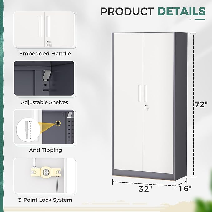 Greenvelly Metal Garage Storage Cabinet, Tall Steel Storage Cabinets with 2 Doors and 4 Adjustable Shelves, Metal Tool Cabinets, Locking File Cabinet for Home Office, Garage, School (Gray White)