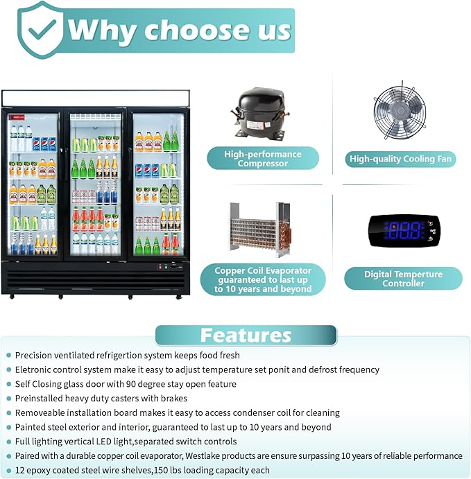 WESTLAKE 73" W Merchandiser Commercial Display Refrigerator 3 Glass Door 3 Section Reach-in Glass Door Upright Fan Cooling 54 Cu.ft Cooler for Restaurant, Bar, Shop, etc