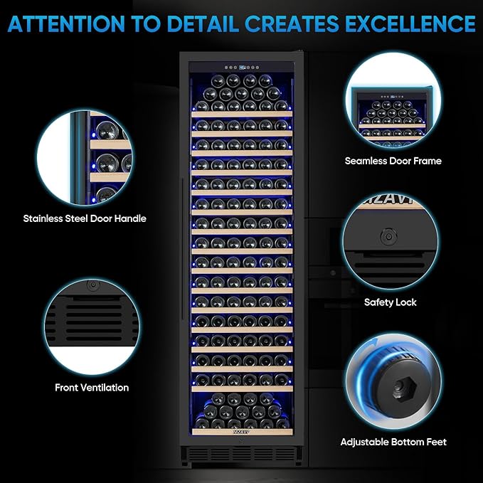 Large Wine Fridge, 200 Bottles Wine Fridge with Fast Cooling and Intelligent Temperature Memory, Wine Cooler Refrigerator Freestanding or Built-in, Tall Wine Refrigerator with Glass Door, Black