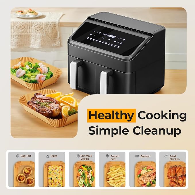 Air Fryer Liners Disposable for Dual Baskets, 200Pcs Rectangle Parchment Paper Liner for Ninja DZ201 DZ401, Chefman/COSORI 2-Basket Air Fryer, Oil Proof Baking Paper by Vailnd(8.6x5.5 Inch)