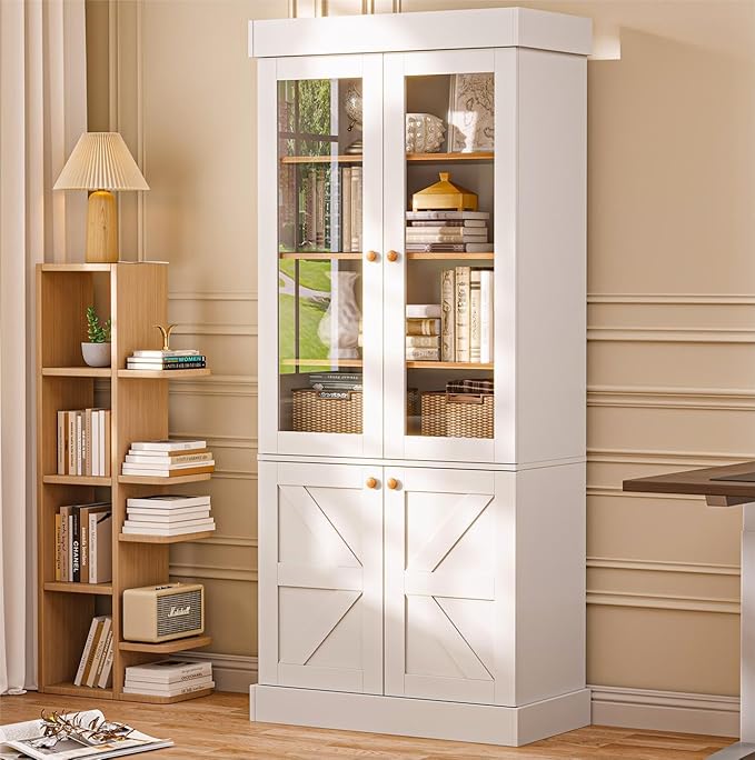 Vyre 71" Tall Farmhouse Kitchen Pantry, Large Storage Cabinets with Glass Doors, Adjustable Shelves, Wood Versatile Hutch Cabinet for Living Room, Dining Room