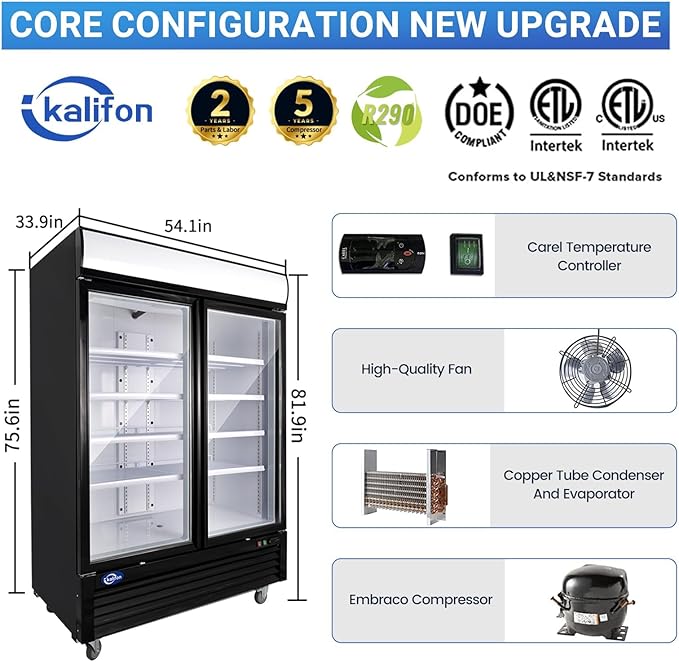 Display Beverage Refrigerator, 49 Cu.Ft Commercial Drink Fridge with Glass Door & 8 Adjustable Shelves, Commercial Refrigerator with LED Light for Restaurant, Supermarket, Gym, Black