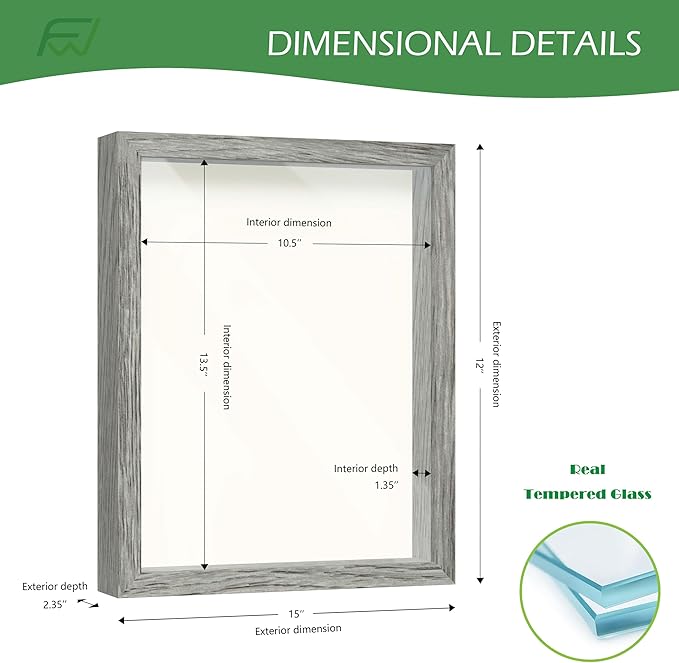 FrameWorks 11x14 Driftwood Wooden Shadow Box Frame – Soft Felt Back, Tempered Glass, and Included Elegant White Ball Push Pins