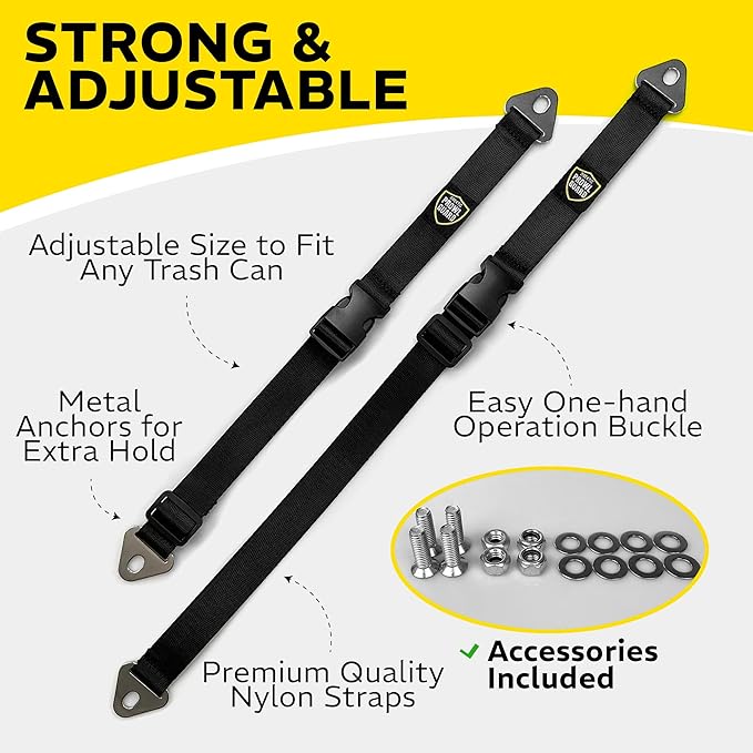 PROWL GUARD Trash Can Lid Lock – 2 Pack Animal & Raccoon Proof Trash Can Lid Straps for Outdoor Garbage Bins, Heavy Duty Adjustable Garbage Lock Clamps, Weather Resistant, Easy Install, 2 Pieces