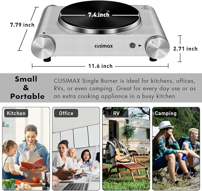 Hot Plate, CUSIMAX Electric Burner 1500W Hot Plate Cooking Single Burner Electric Stove with Heat-up in Seconds Adjustable Temperature Control Silver Stainless Steel Body, Your Kitchen Assistant