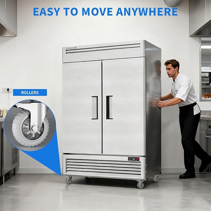 Coolake 54" W Commercial Freezer, 49 Cu Ft Solid Door Upright Freezer with 8 Adjustable Shelves, -13°F ~ -5°F, Frost-free Stainless Steel Industrial Reach-in Freezer for School Restaurant Prep Kitchen