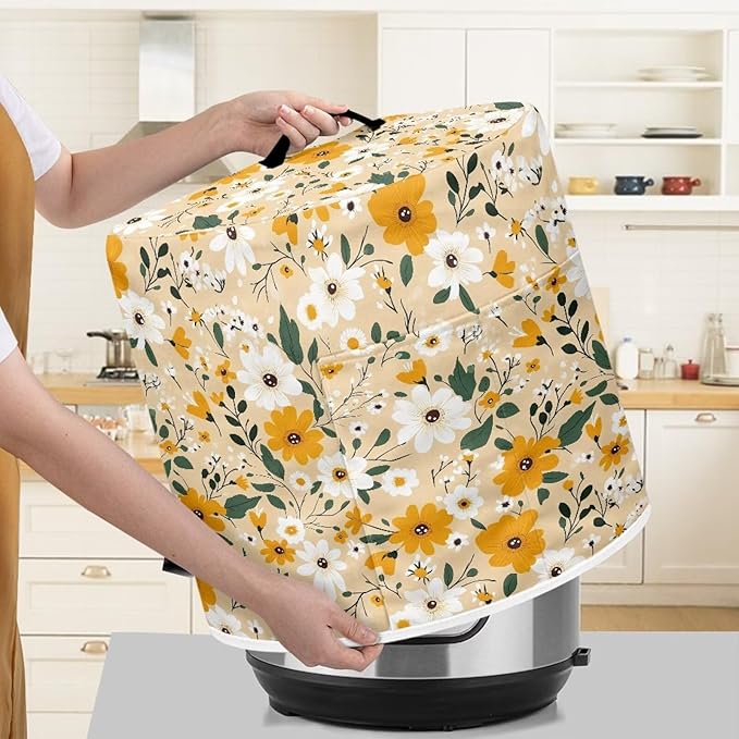 Kitchen Appliance Dust Cover for 8 Quart Pressure Cooker/Air Fryer/Rice Cooker Dust & Stains Protection Cover with Top Handle and Storage Pocket Yellow White Daisy Flowers
