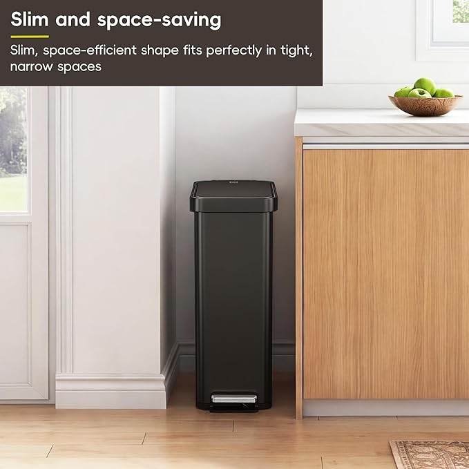 EKO Hudson Slim 50L / 13.2 Gallon Kitchen Trash Can with Lid, Stainless Steel Step Garbage Can for Kitchen or Home, Space-Saving Garbage Can with Soft Close Lid, Stay-Open, Liner Ring, Matte Black