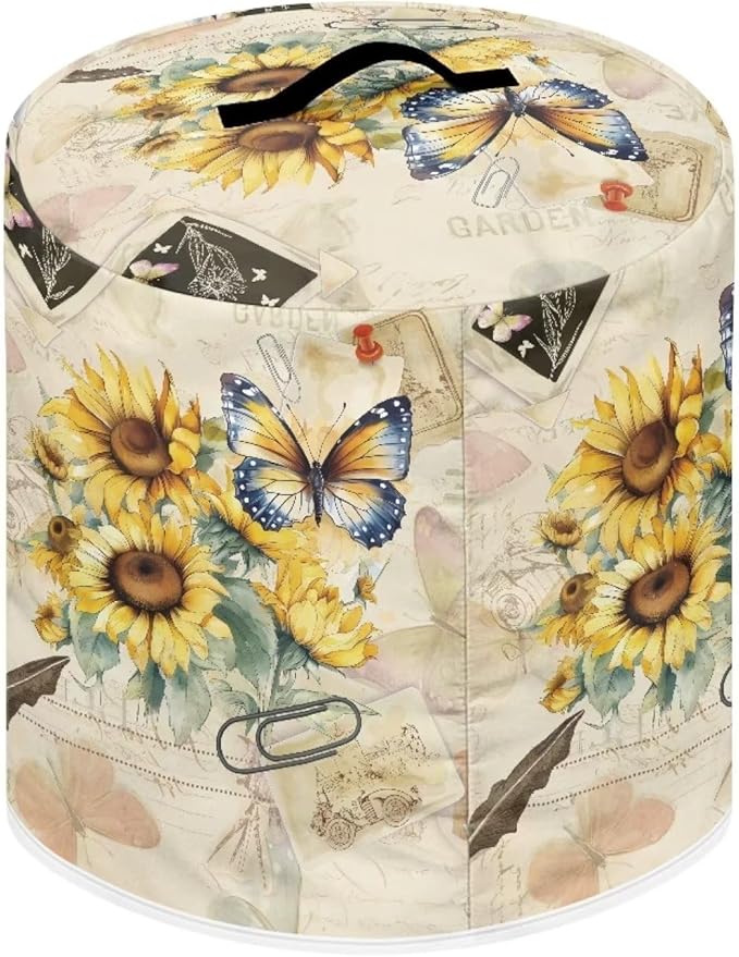 Insulated Pressure Cooker Appliance Cover, Also Fit for Rice Cooker, Air Fryer and Crock Pot, 6 Qt Dust Cover with Pocket for Spoon/Cooking Utensils/Recipes, Butterfly Sunflower Retro