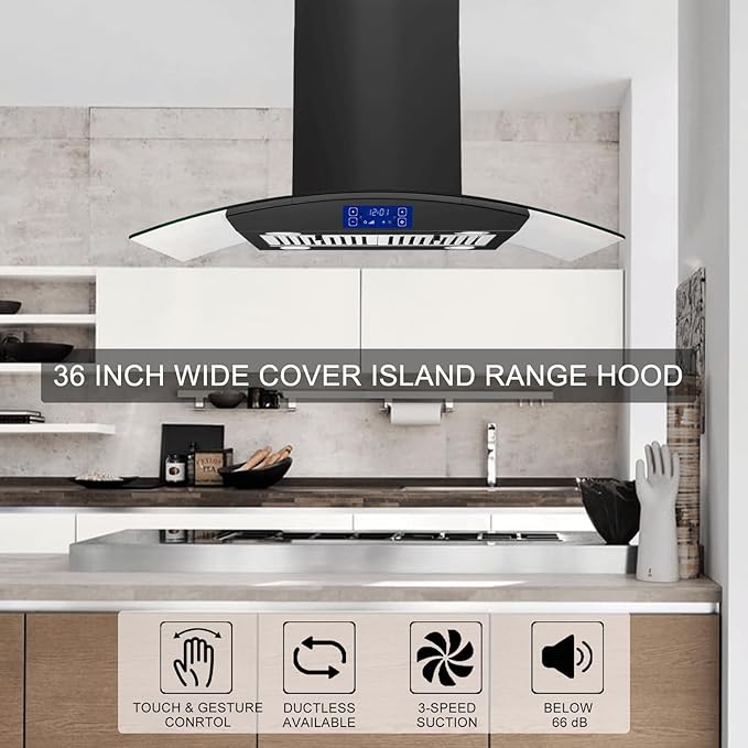36 inch Island Range Hood 700CFM Black Painted Stainless Steel, Gesture & Touch Control Panel Ceiling Mount Kitchen Vent Hood Ducted/Ductless Convertible Extractor, Exhaust Fan 4 LED Lights