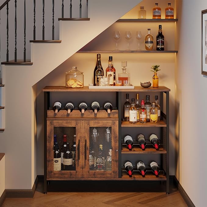 X-cosrack Wine Bar Rack Cabinet with Detachable Wine Rack, Coffee Bar Cabinet with Glass Holder, Small Sideboard and Buffet Cabinet with Mesh Door, Rustic Brown, Large