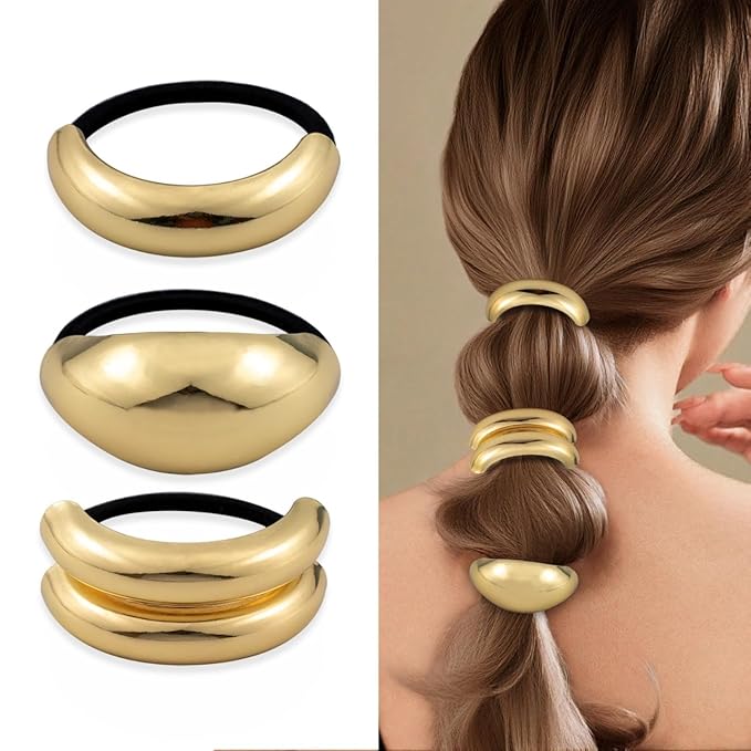 3PCS Gold Geometric Hair Ties - Polished Metal Hair Cuffs for Women, Non-Damage Ponytail Holders with Unique Shapes