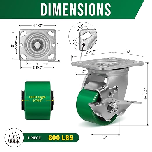3 Inch Caster Wheels, Heavy Duty Caster with Strong Load-Bearing, Polyurethane Wheel on Steel Hub, Supports 800 lbs Each(2 Brake & 2 Rigid)