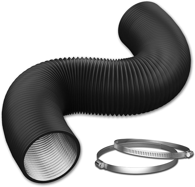 10 Inch Flexible Ducting Hose 8 Feet Black Aluminum Ducting -4 Layer Protection Dryer Vent Hose for HVAC Heating Cooling Ventilation and Exhaust, 2 Clamps Included