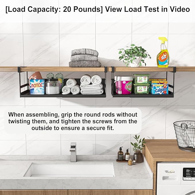 Expandable Under Cabinet Shelf Organizer with 0.94-Inch Thick Clips, Heavy Duty Extendable Under Shelf Storage Basket for Pantry or Laundry Room, Black, 2 Pack, Interior: 5.7" H x 7.2" D