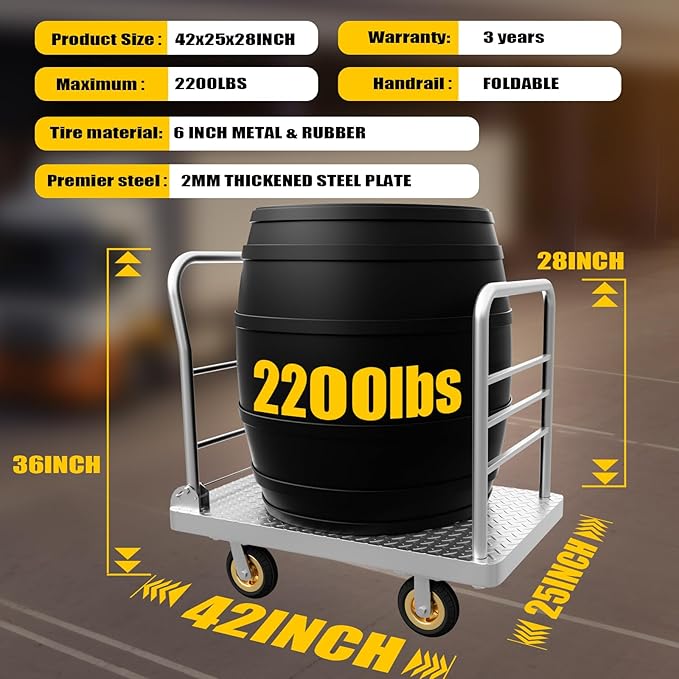 2IN1 42"×25" Platform Truck Cart 2200lbs Heavy Duty Flatbed Cart Dolly w/Detachable Rear Guardrail and Swivel Casters, Push Cart, Work Gloves 2Pairs & 1 Bunge Cord Included