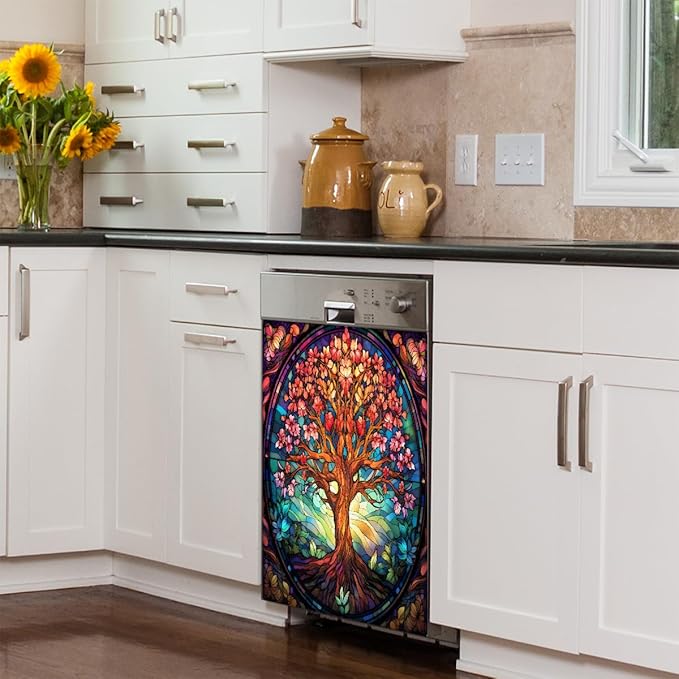 Dishwasher Magnet Cover Tree of Life Flower Magnetic Dishwasher Decorative Cover Front Dishwasher Door Cover Reuseable Dishwasher Cover Panel Decal for Kitchen Refrigerator Home Appliances 26" X 23"