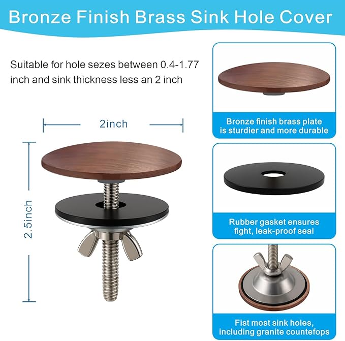 2-Inch Sink Hole Cover, Solid Brass Faucet Hole Cover, Sink Sprayer Hole Cover for Home Kitchen and Bathroom, Sink Hole Cap (Bronze)