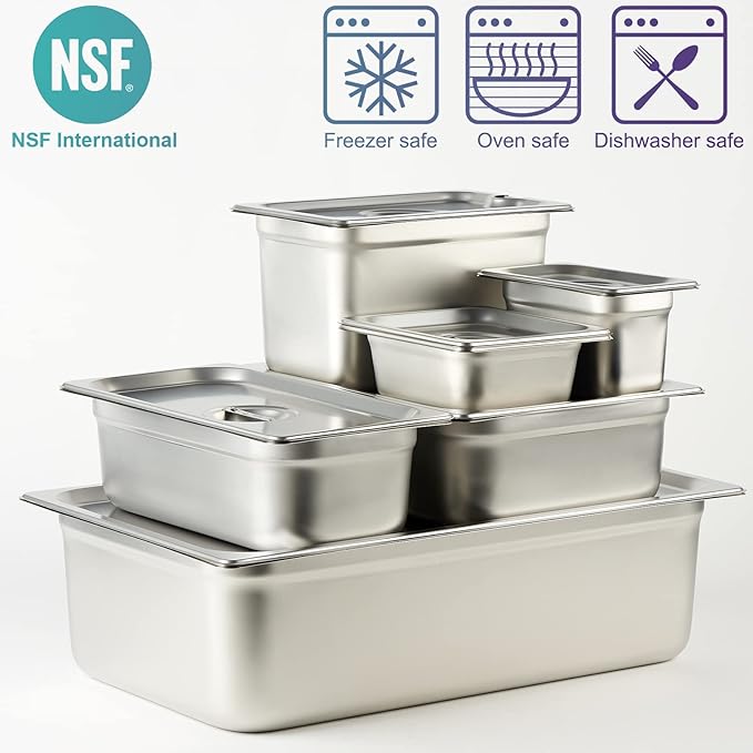 CURTA 6 Pack Anti-Jam Hotel Pans, 1/6 Size 2 1/2 Inch Deep, NSF Commercial 18/8 Stainless Steel Chafing Steam Table Pan, Catering Storage Metal Food Pan